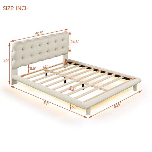 dimension image slide 1 of 2, Marshmallow Shaped Button-Tufted Headboard LED Platform Bed