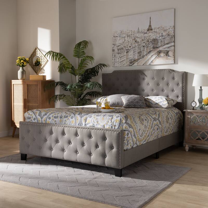 Queen Size Bed Upholstered Button Tufted Panel Bed Modern Grey Bedroom Furniture