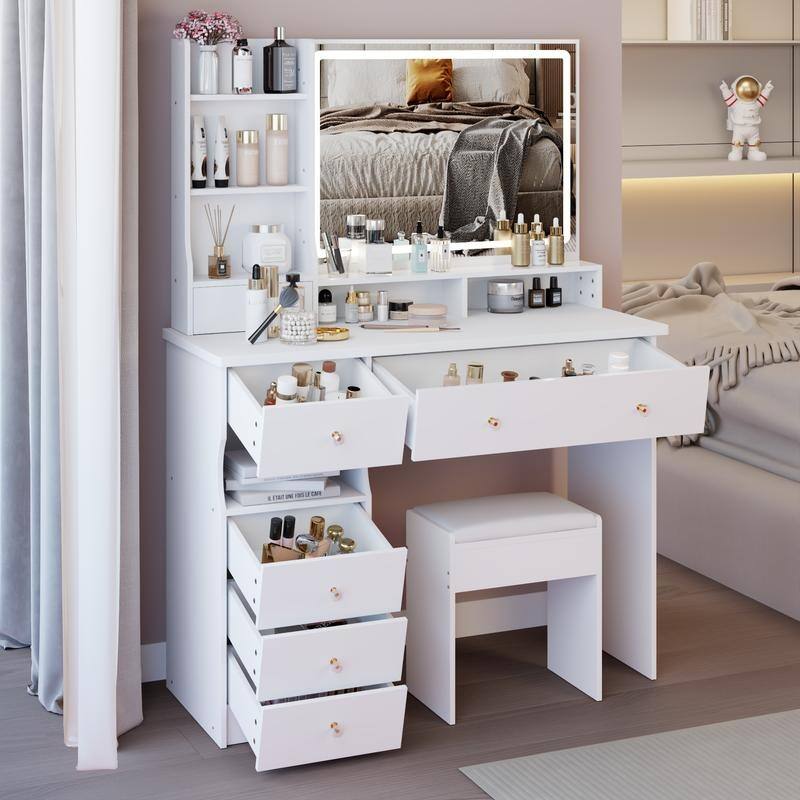 Vanity Dresser with Mirror and Stool Set Storage Drawers Luxury Furniture