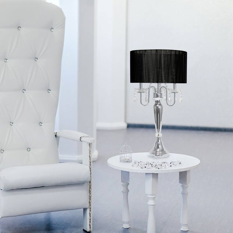 Chrome Cascading Crystal Table Lamp with Round Shade - 31" - Black