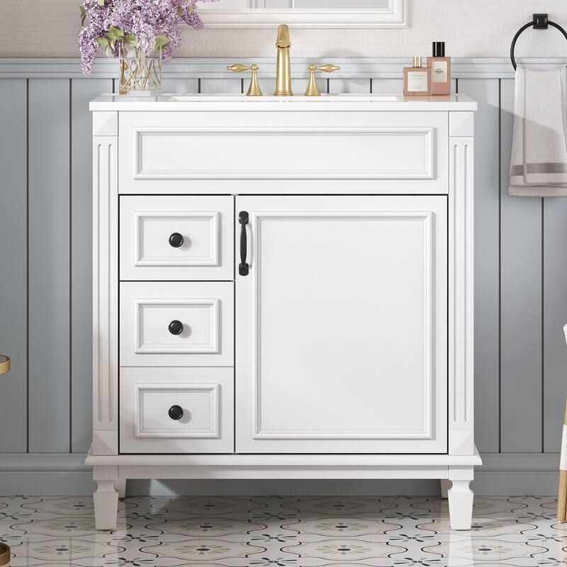 Small Bathroom Vanity with Sink, Freestanding Wood Bathroom Cabinet, Storage Cabinet with 2 Drawers & Adjustable Shelf