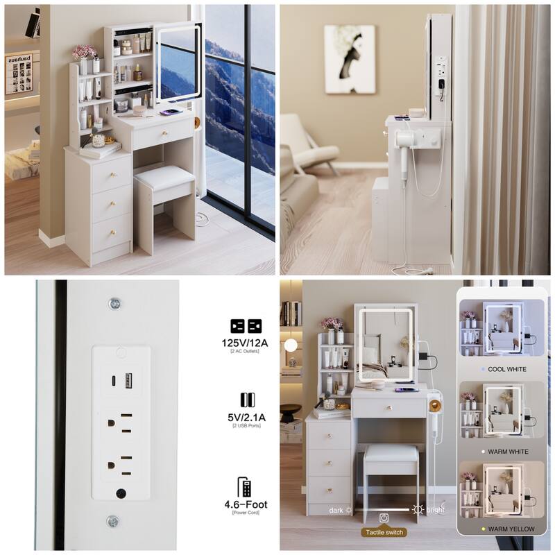Dressing Table Set, 29.2" Vanity w/ LED Mirror, Charging Station,Stool