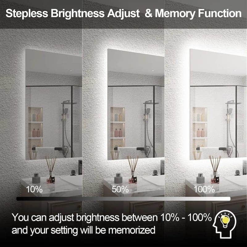 Frameless Anti-Fog 3 Colors Dimmable LED Backlit Wall Bathroom Vanity Mirror