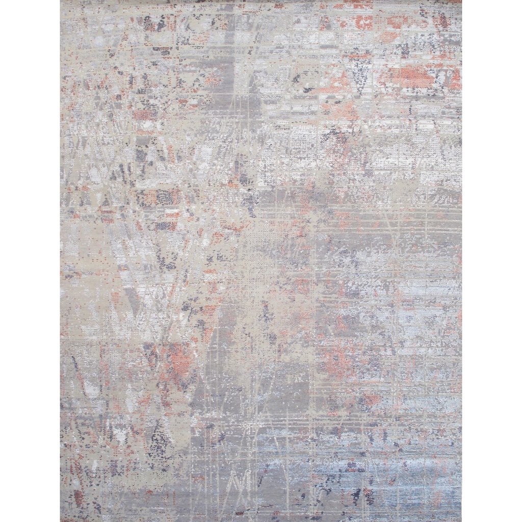 Pasargad Home Modern Hand-Knotted Abstract Beige BSilk & Wool Area Rug - 9' 1'' X 12' 3''
