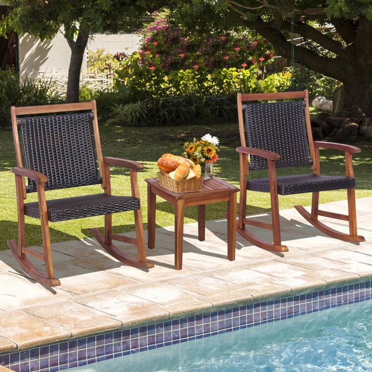 3 Pieces Acacia Wood Patio Rocking Chair Set with Side Table - 24" x 33" x 37" (L x W x H)