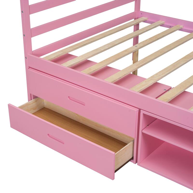 Pink Full Size Wood Platform Bed with Removable Storage Shelves and Built-in Two Storage Drawers