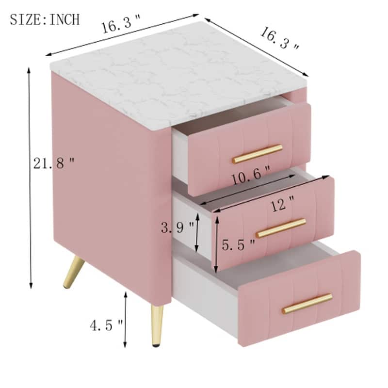 Velvet Nightstand with Storage, Round /Square Bedside Table with 3 Drawers, Metal Handles,Marbling Stickers Top