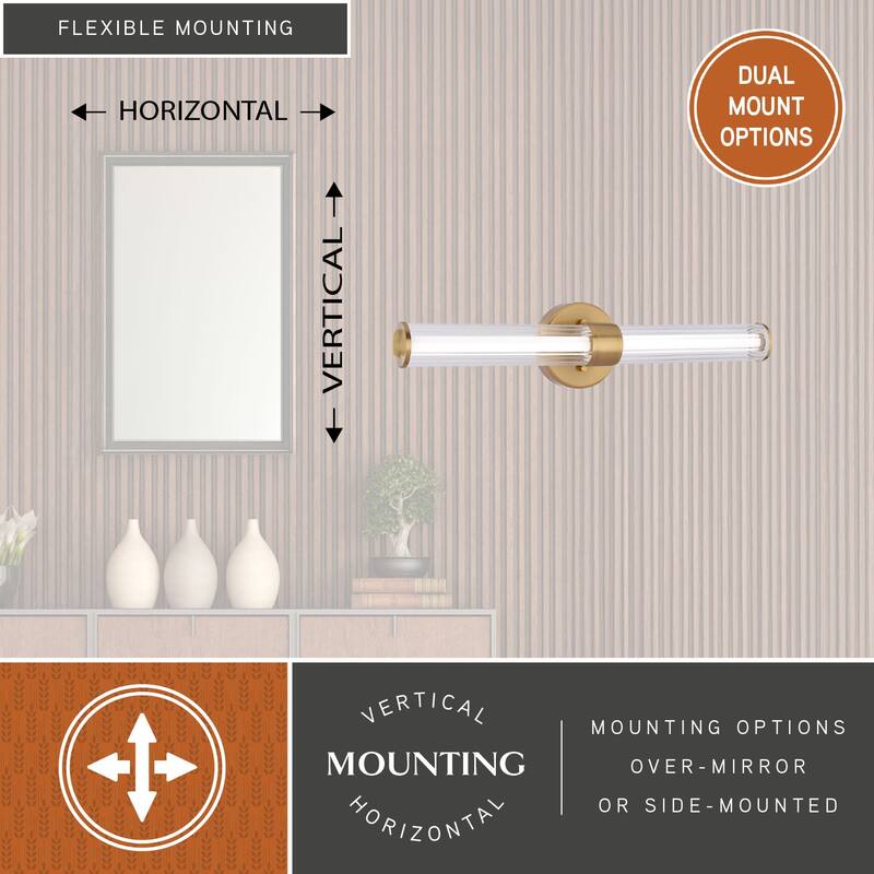 VAXCEL Division 1-Light Contemporary Bath Bar Vanity Lighting Wall Fixture, Clear Ribbed Glass Shade, Integrated LED