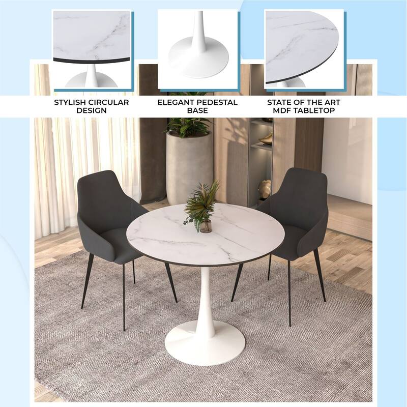 Bristol 35 Inch Mid Century Modern Round Dining Table, Wood Top & Glossy Iron Pedestal Base for Kitchen & Dining Room