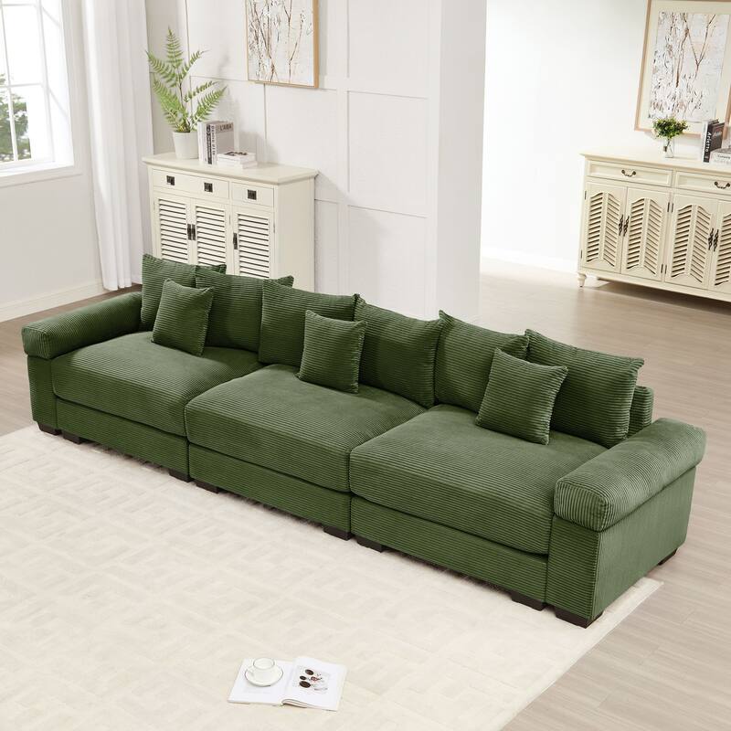Rossetta 3-Seater Modern 130" Premium Corduroy Modular Deep Seating Sectional Couch, Easy Assembly - Green