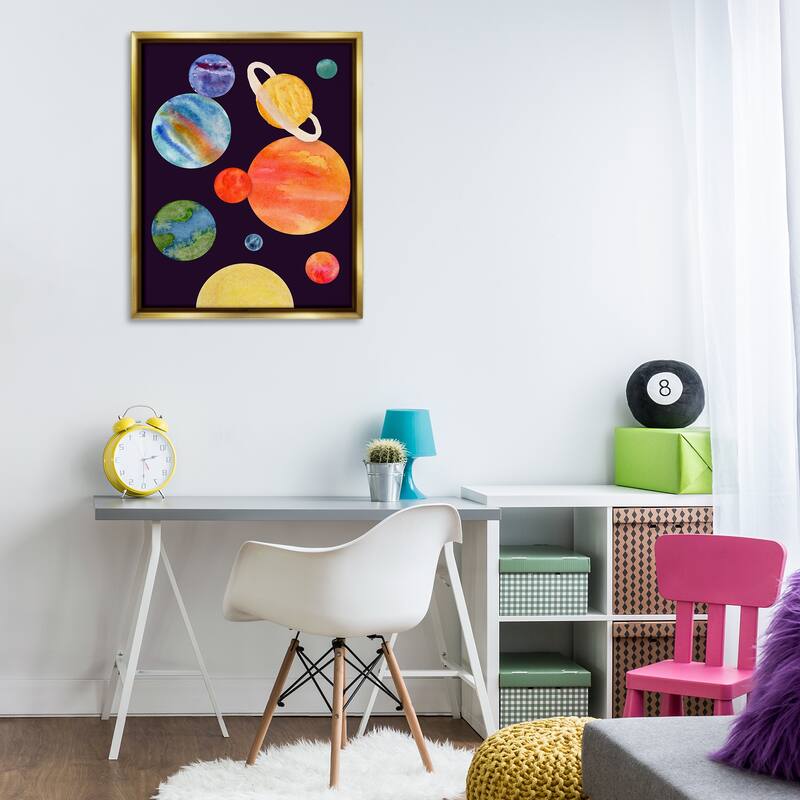 Stupell Watercolor Planets on Black Framed Floater Canvas Wall Art Design By Corinne Rose Designs