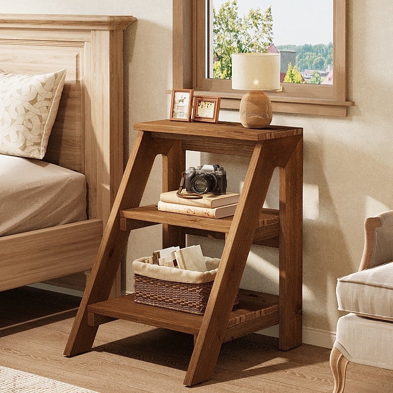 Solid Wood End Table with Storage Shelves, 3-Tier Ladder Shape Side Table