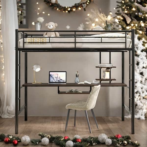 slide 2 of 12, Full Size Loft Bed With Desk And Shelf,Space Saving for Home
