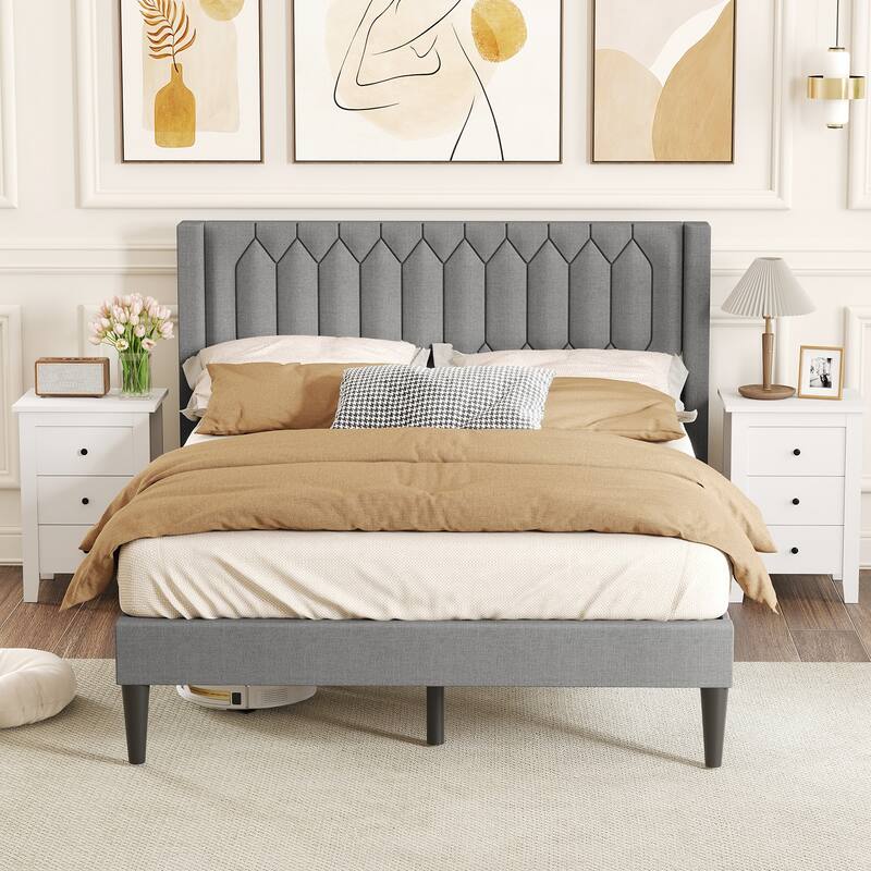 Gymax Queen Size Bed Frame Dutch Velvet / Linen Fabric Upholstered