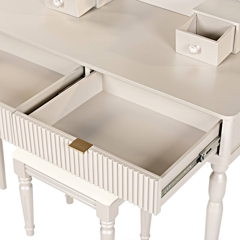 Vanity Desk with Adjustable Round Mirror, Wooden Dressing Table Set, Makeup Vanity Table with 4 Drawers & Cushioned Stool
