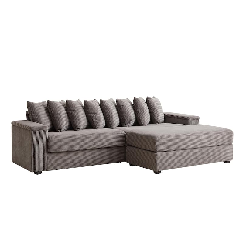 104" Corduroy L-Shaped Sectional Sofa with Ottoman Included, 8 Pillows and Armrest Storage