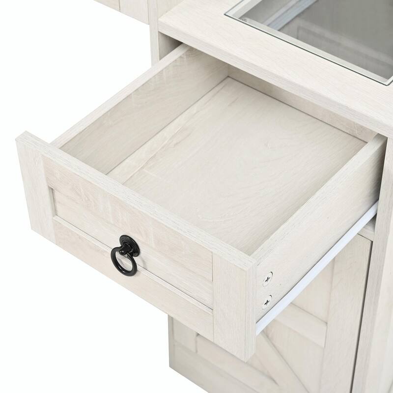 Farmhouse Vanity Desk with Sliding Mirror & Lights, Glass Top Vanity Set