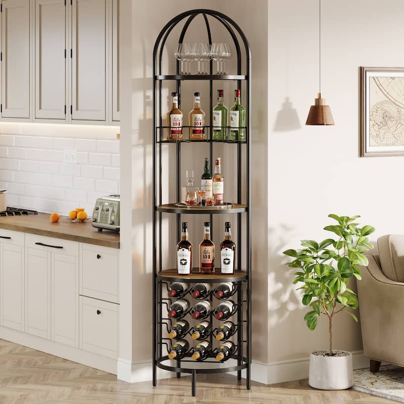 5-Tier Bar Wine Rack with Bottle Holder and Storage Shelves - 2 Packs - Brown