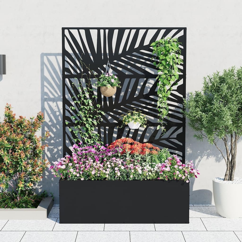 Metal Privacy Screen Planter Box, Raised Garden Bed for Climbing Plants, Veggies, Palm Leaf Style