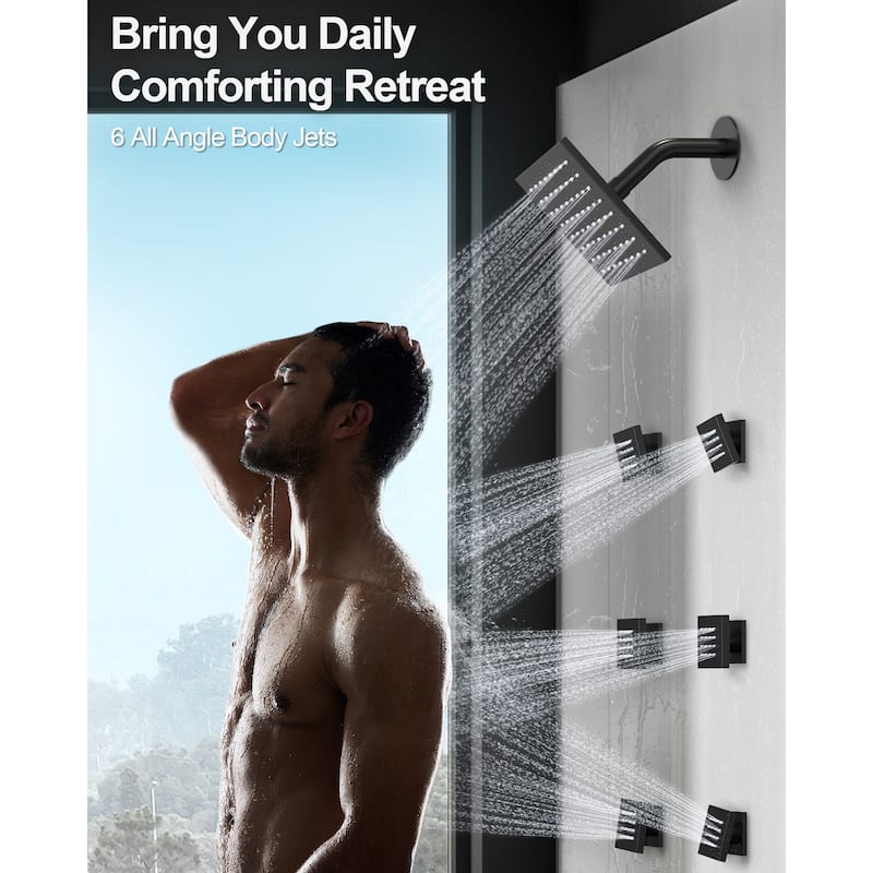 GRANDJOY Shower System Dual Shower Heads 16" and 6" Wall Mounted High Pressure Handheld Spray 6 Body Jets Thermostatic