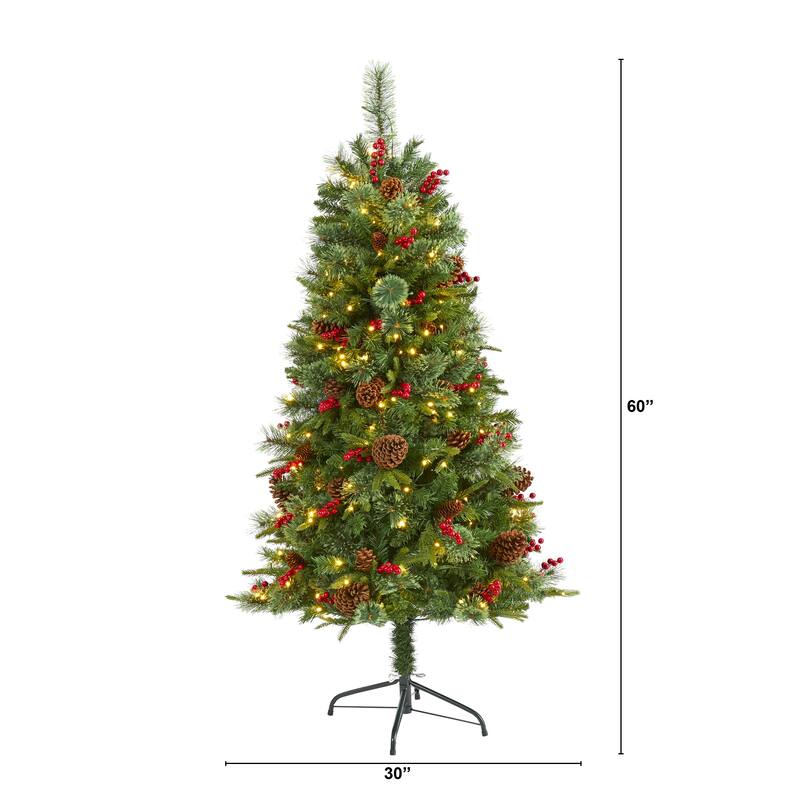 5' Norway Mixed Pine Artificial Christmas Tree with 200 Clear LED Lights, Pine Cones and Berries
