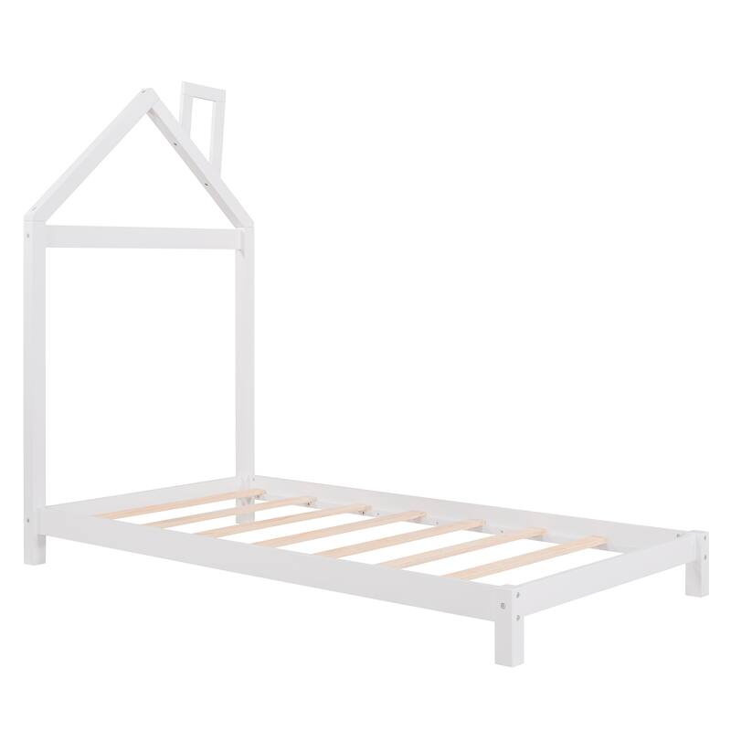 Wood Platform Bed with House-Shaped Headboard