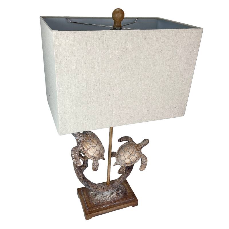 Set Of 2 Double Sea Turtle Table Lamps Coastal Nautical Resin 27.75" W/Shades - 27.75 X 15 X 9 inches