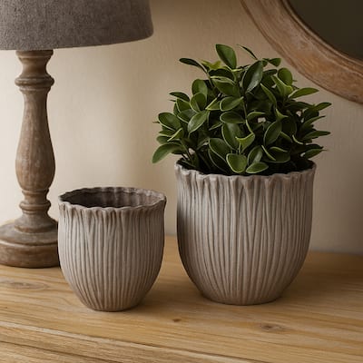 Decorative Planter Set of 2, Ribbed Texture Gray Ceramic Body