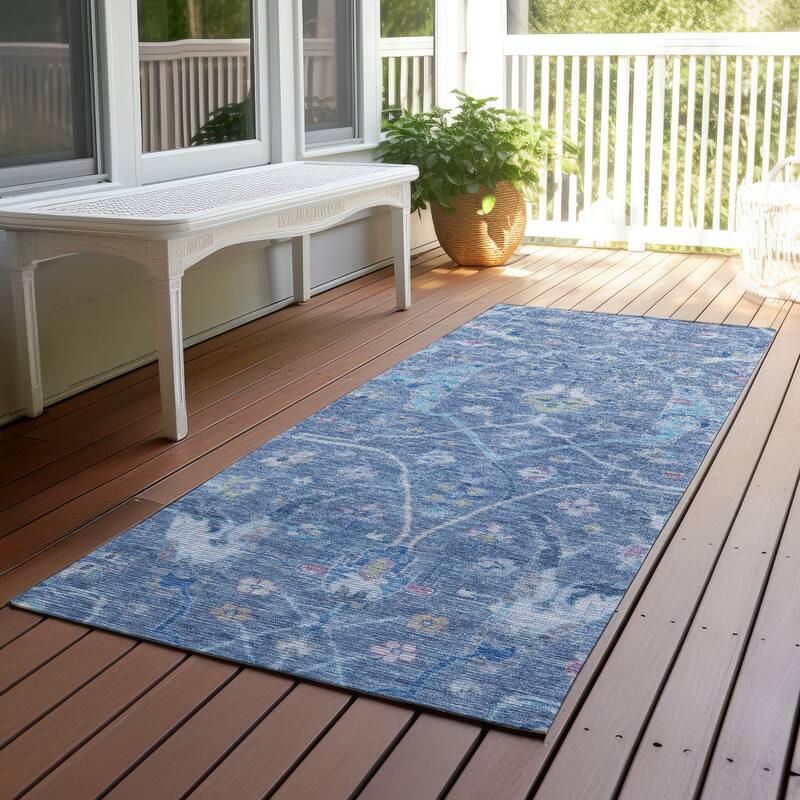 Machine Washable Indoor/ Outdoor Traditional Vintage Chantille Rug - Blue - 2'3" x 7'6"