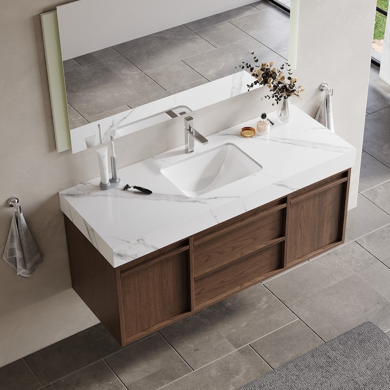 48"Mid Century Modern Wall-Mounted Bathroom Vanities,Single Sink,Brown Wood Texture with Sintered Stone Table top