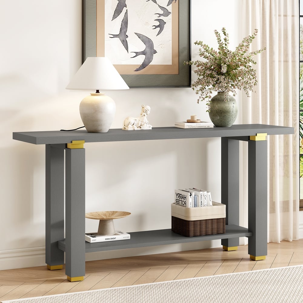 Roomfitters Modern Solid Wood Console Table with Open Shelf, Metal Accents & Minimalist Design