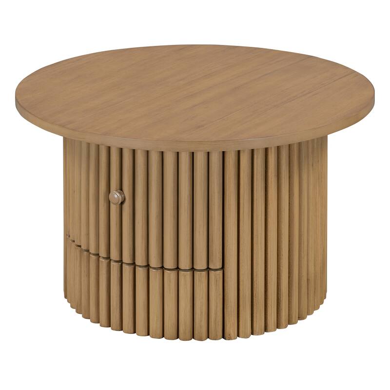 Round Coffee Table for Living Room in Natural, Farmhouse Coffee Table with a Drawer, Center Table with Vertical Slat Ba