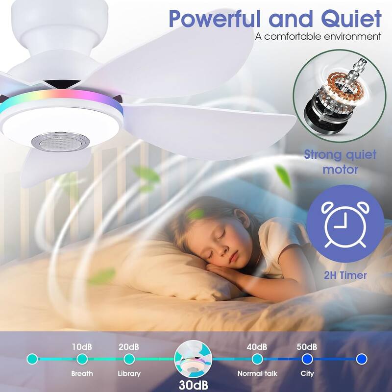 Kviflon 36/46 inches RGB Flush Mount Ceiling Fan with Light and Remote and Speaker