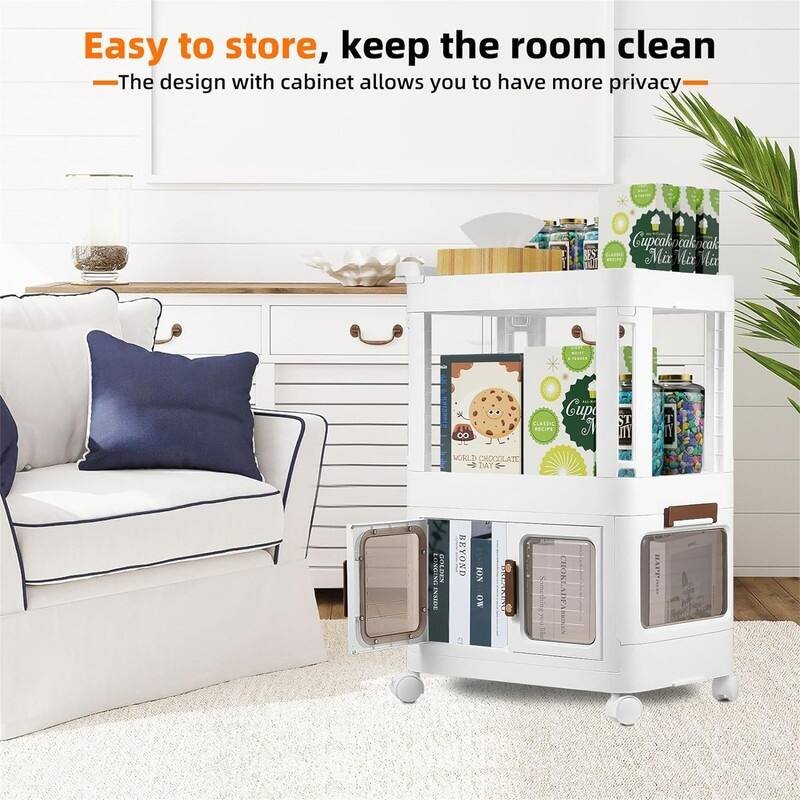 3 Tier Rolling Storage Cart Plastic Utility Cart with Handle Movable Cart - 12"D x 17.5"W x 25.9"H