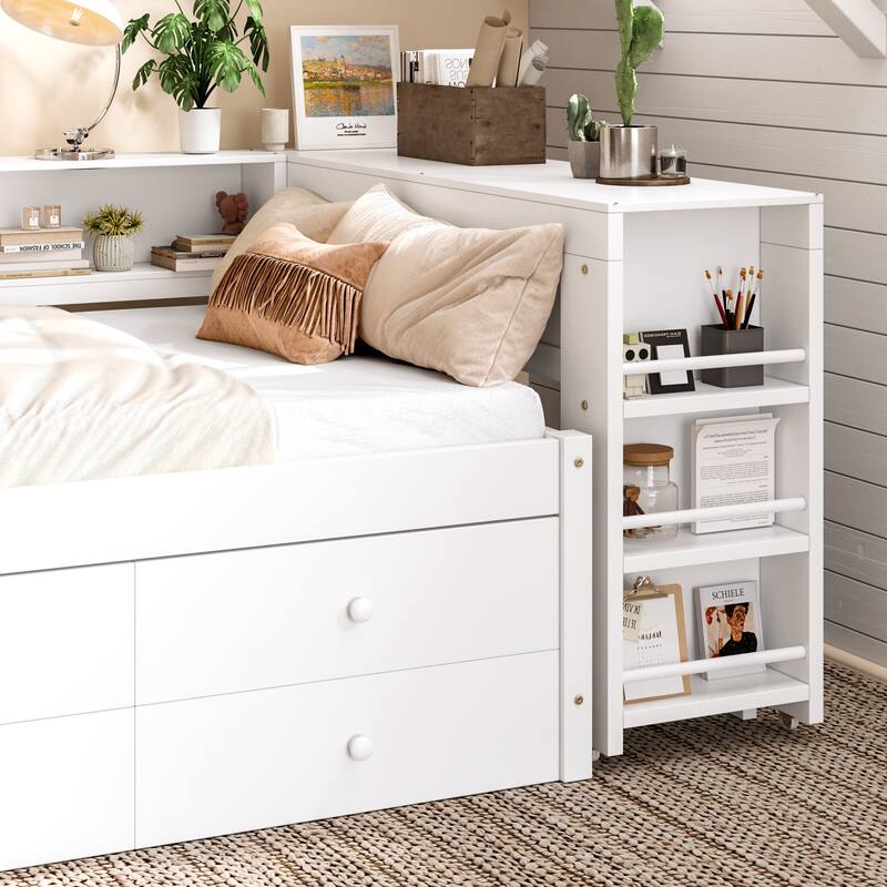 Full/Twin Daybed with Trundle & Storage Drawers - Wood Frame with Side Shelves and Desk