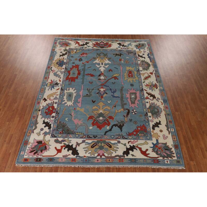 Light Blue Oushak Oriental Area Rug Hand-Knotted Wool Carpet - 9'1" x 11'10"