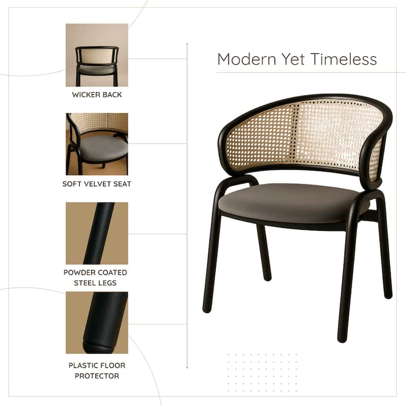 Ervilla Ergonomic Wicker Back Velvet Accent Dining Armchair with Powder Coated Steel Legs Protective Pad