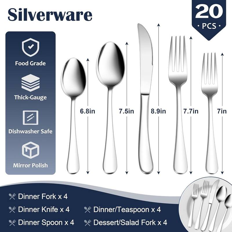 Heavy Duty Silverware 5 Piece Stainless Steel Flatware Cutlery Set