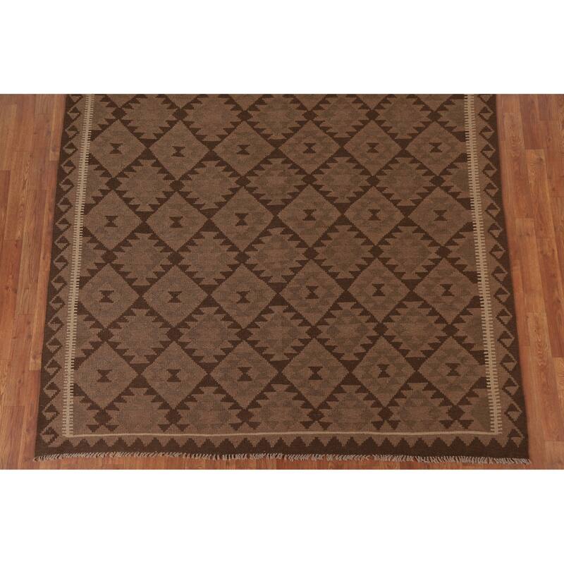 Hand Woven Oriental 100% Wool Carpet Southwestern Geometric Brown Kilim Area Rug - 9' 9'' X 6' 8''