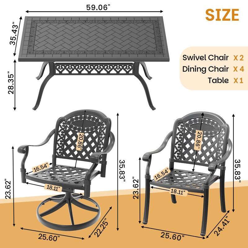 7-Piece Outdoor Dining Set with 1 Table and 6 Chairs, All-Weather Aluminum Outdoor Patio Sets
