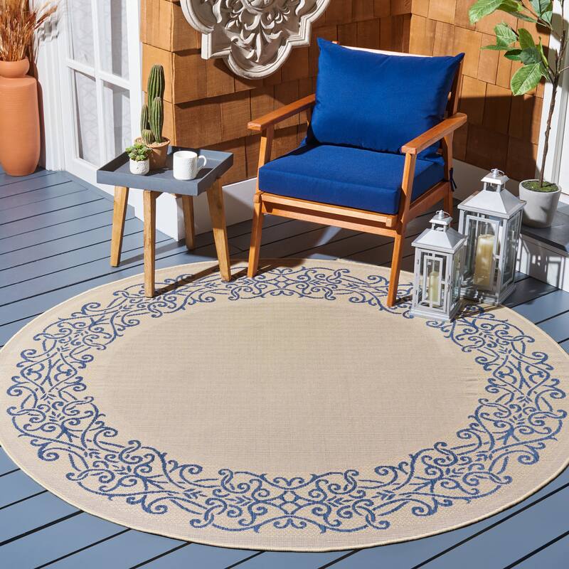 SAFAVIEH Courtyard Ikerne Waterproof Patio Backyard Rug - 5'3" Round - Natural/Blue