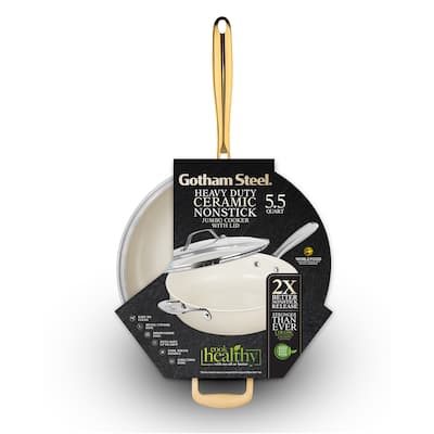 Gotham Steel Cream Ultra Nonstick Ceramic 5.5 Qt Jumbo Cooker Pan with Lid and Gold Handles