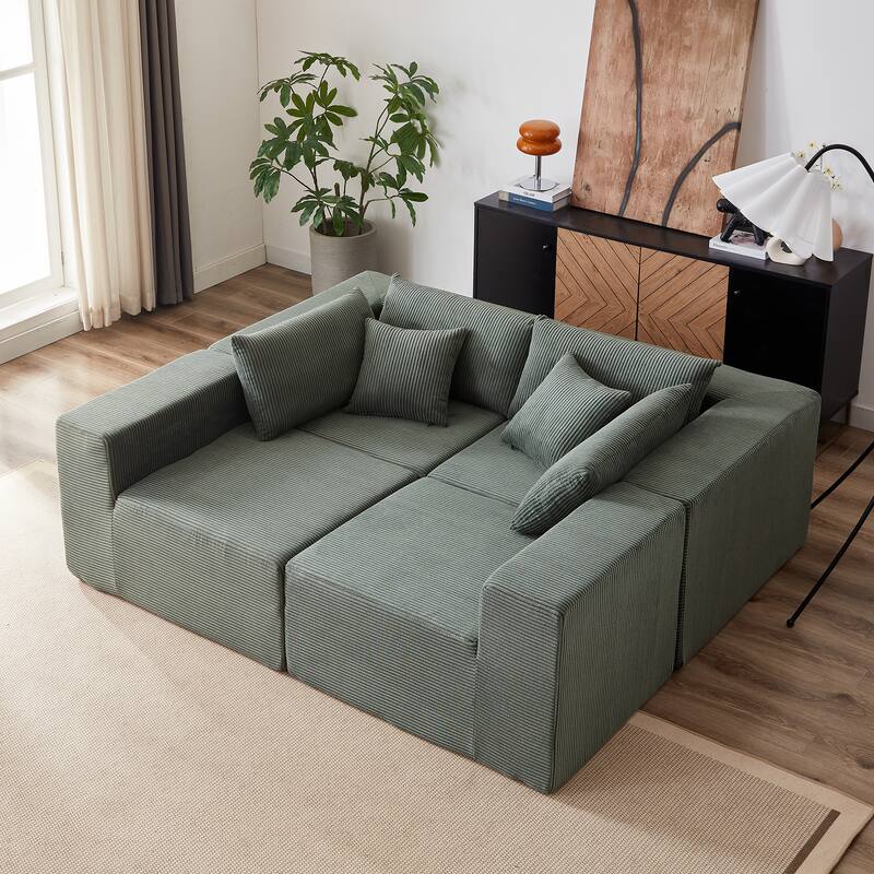 Corduroy Convertible Sectional Cloud Sofa, Foam-Filled Compressed Boneless Sofa, Modular L Shaped Floor 4 Seat Sofa