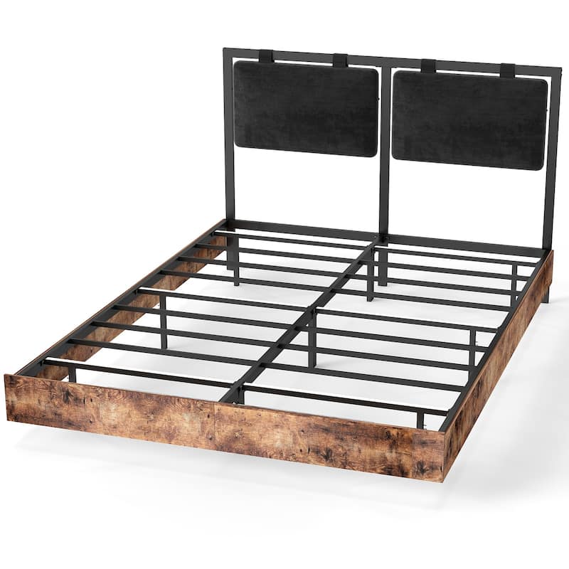 Floating Bed Frame with RGB LED Light Strip & Velvet Upholstered Hanging Headboard, Noise-Free Metal Slats Support, Black Brown