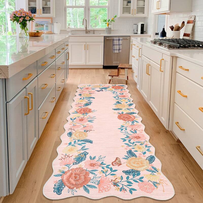 Area Rugs for Living Room Bedroom Washable Modern Floral Rug Scalloped Non-Slip Low Pile Carpet