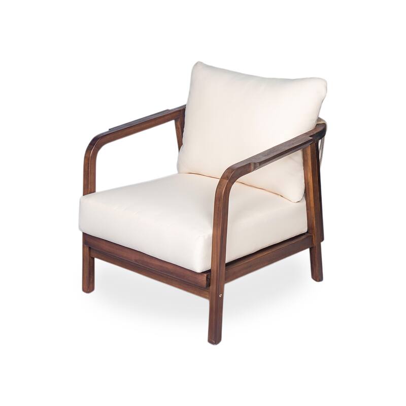 28" Outdoor Lounge Chair with Woven Backrest, Solid Wood Frame, Comfortable Cushions, and Curved Armrests