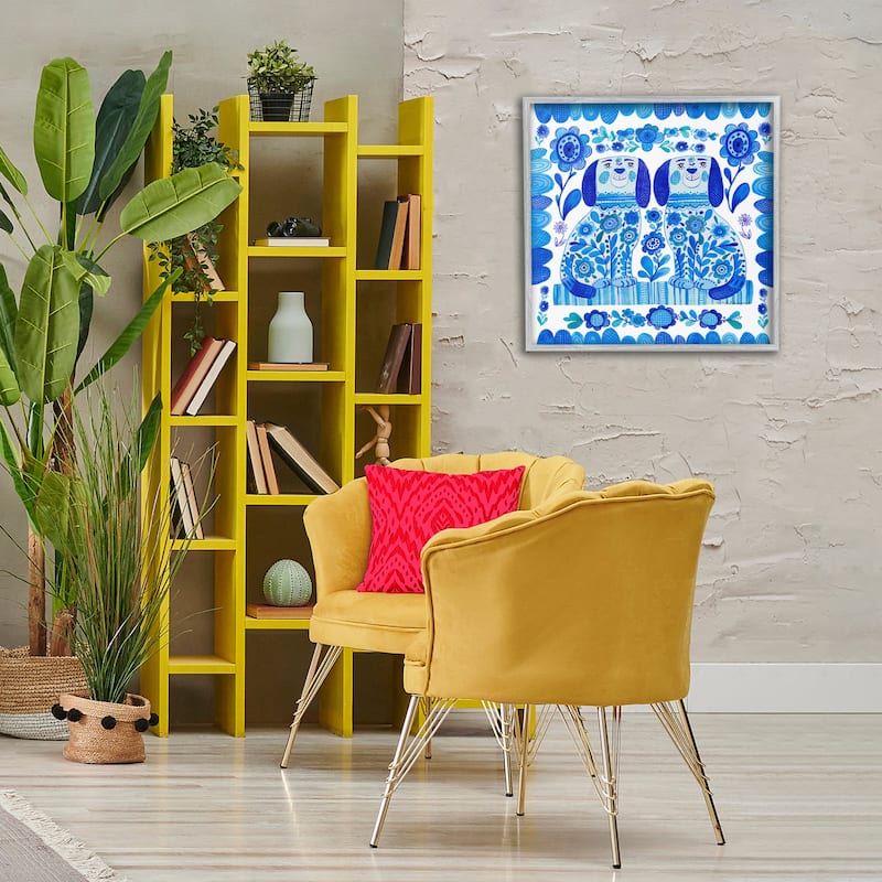 Stupell Blue Folk Style Puppies Framed Giclee Art Design By Kay Widdowson