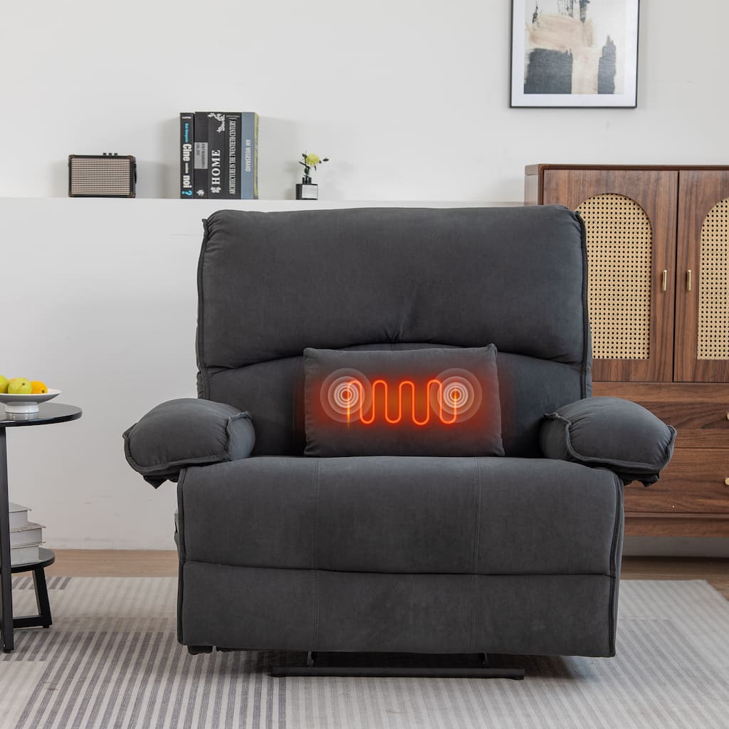 Grey Spacious Push-Back Recliner Sofa Chair with Soft Fleece Upholstery and Heated Massage Pillow for Ultimate Relaxation