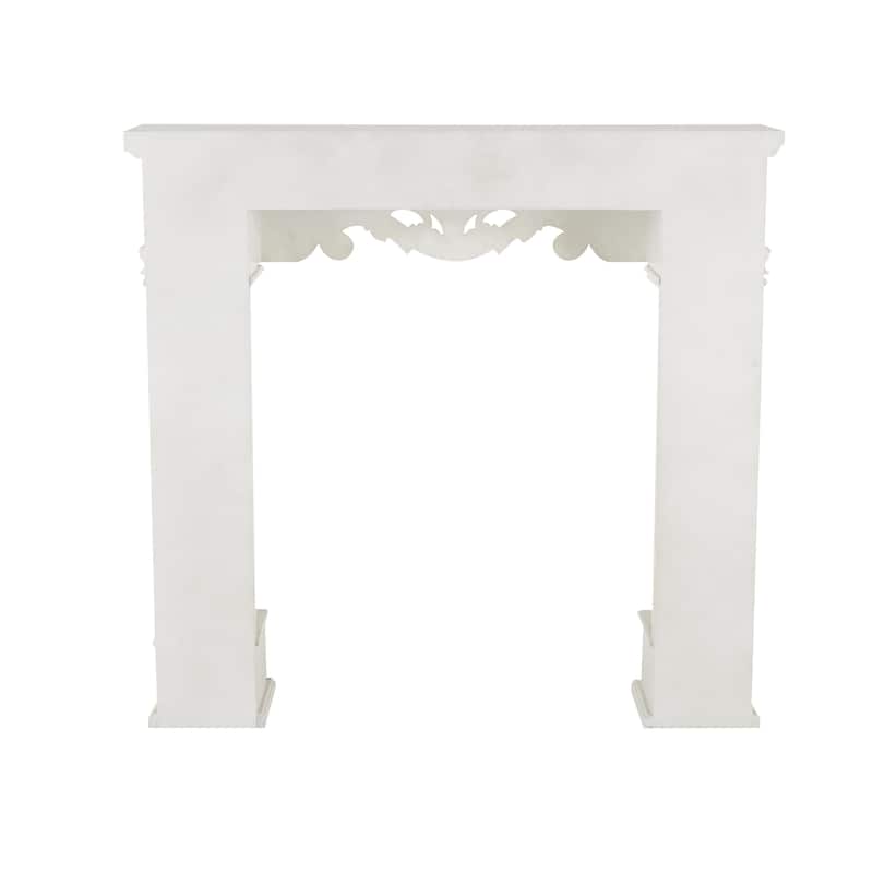 White Wooden Freestanding Scroll Decorative Fireplace Mantle with Floral Accents - 10"W x 45"L x 42"H