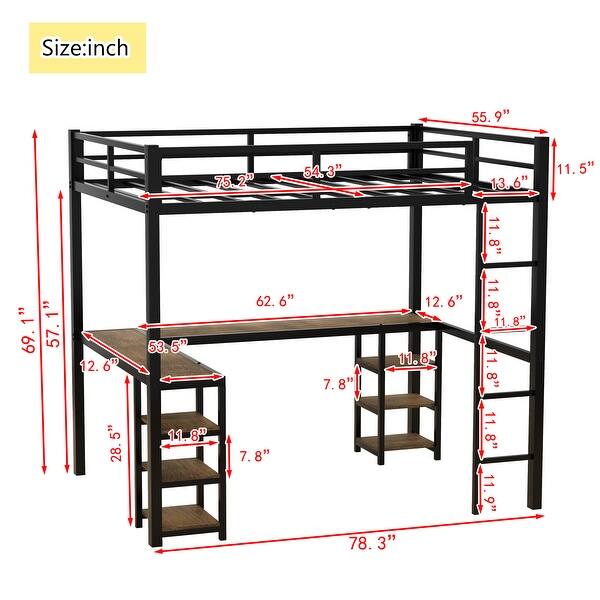 Black Full Size Metal Loft Bed with Desk, Shelves, and Guardrails